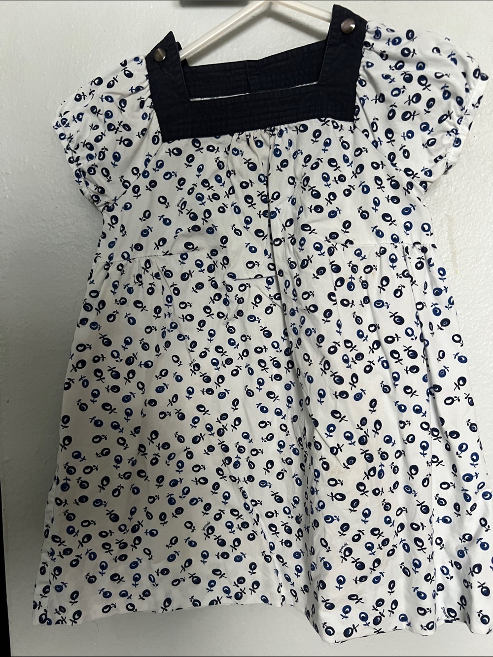 Jacadi Baby Girl White and Navy Printed Square-Neck Dress 23M